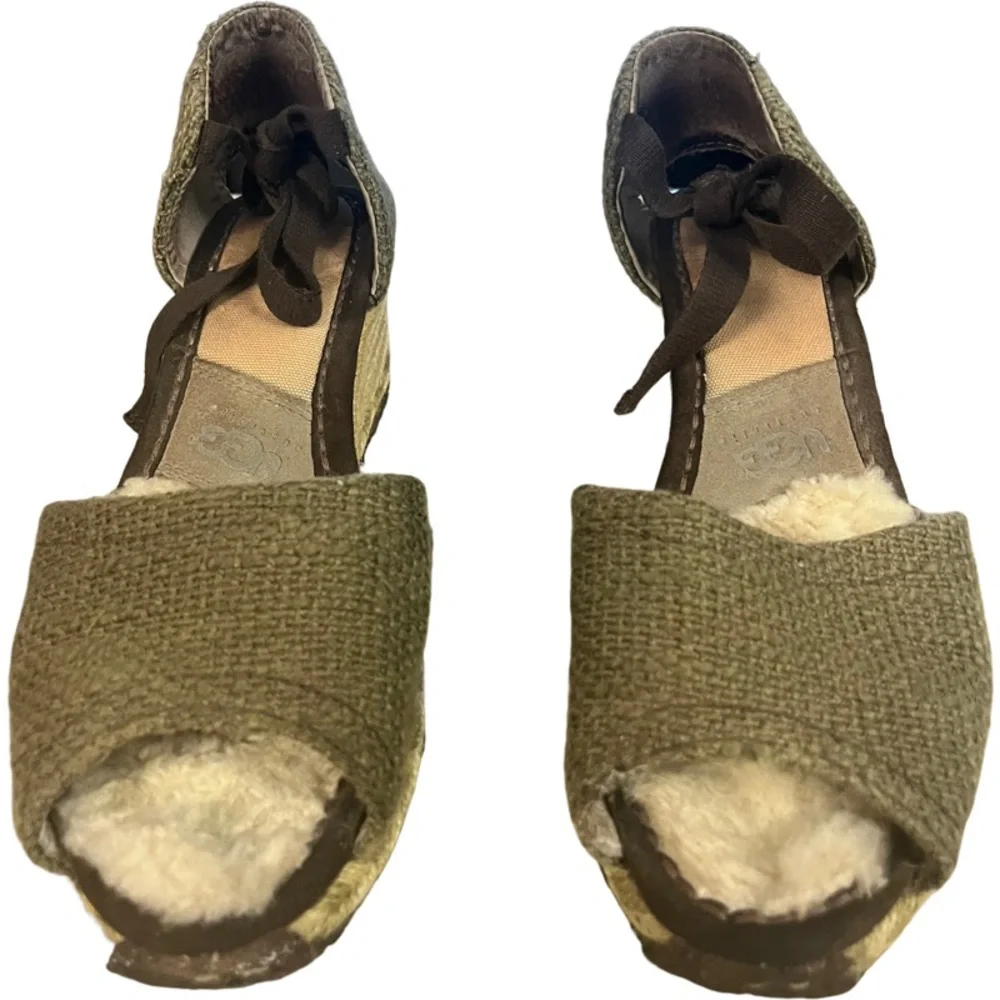 UGG AUSTRALIA 1652 Mar Espadrille Ankle Tie Wedge Woven Green Sandals Sz 7